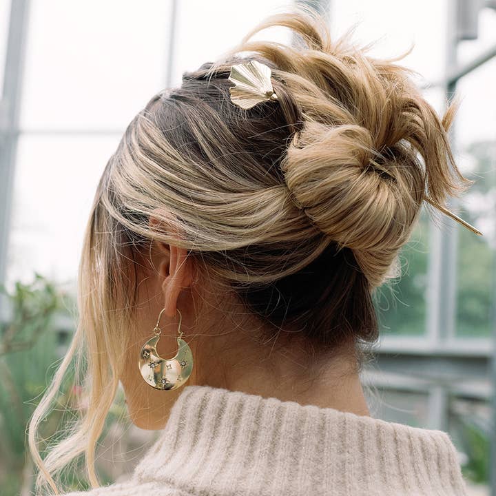 Matr Boomie Fair Trade - Wholesale Hair Pin - Sayuri Ginkgo Leaf Hair Pin - Slide with Stick - Gold