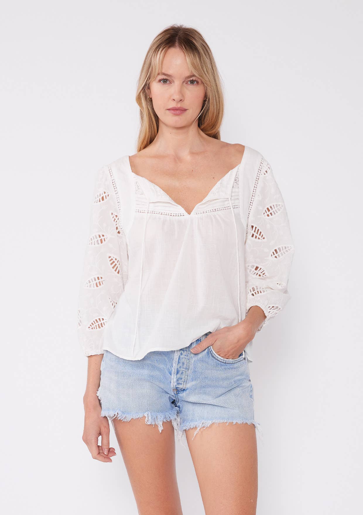 White Embroidered Cutout 3/4 Sleeve Tie Neck Blouse for wholesale on Faire