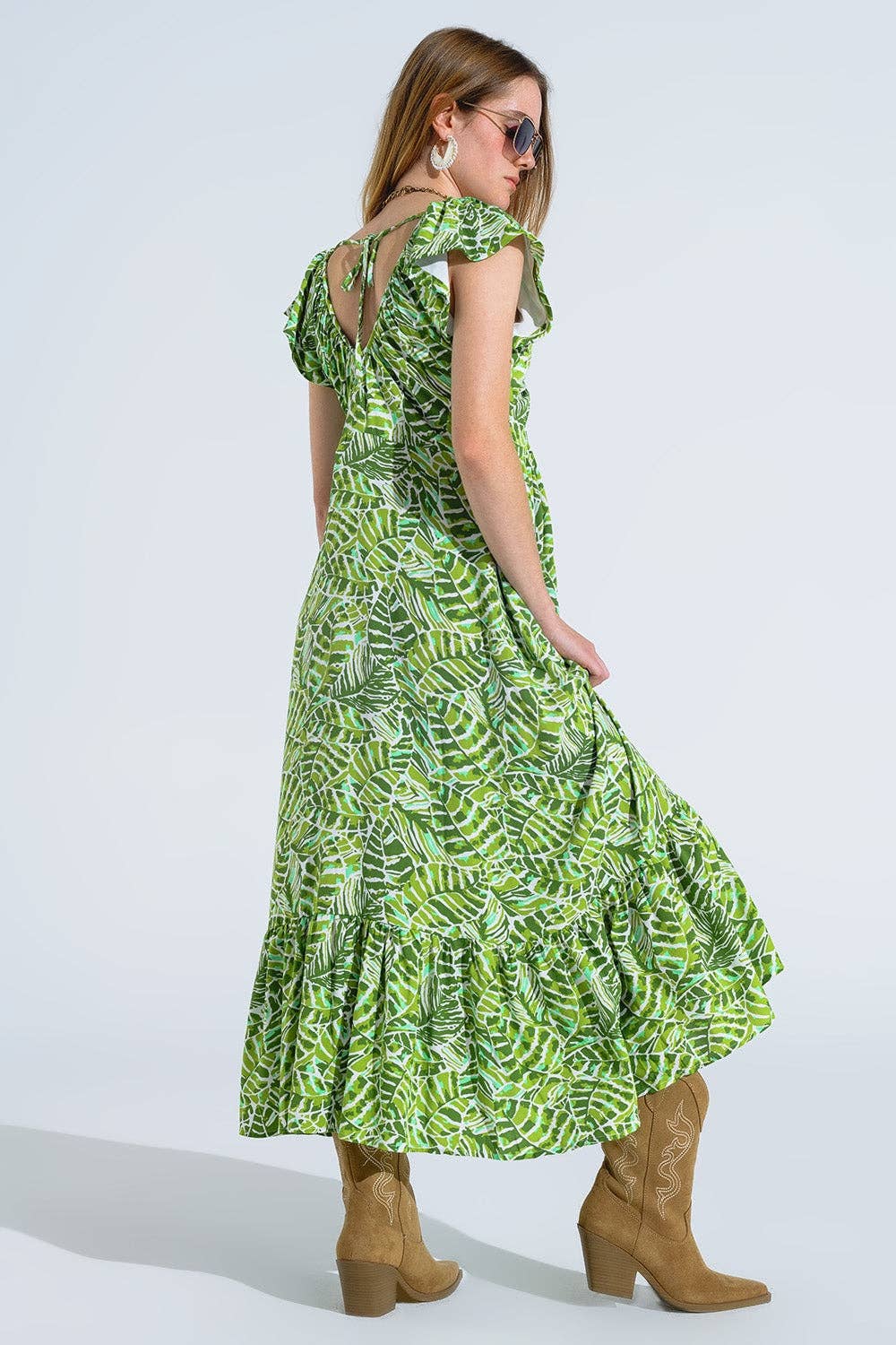 Midi Romantic Dress With Ruffled Short Sleeves in Green Leaf Print for wholesale on Faire2