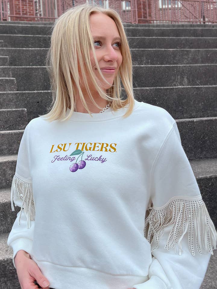 Louisiana State University Cherry on Top Disco Fringe Pullover for wholesale by Rivalry Runway