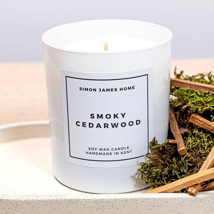 Smoky Cedarwood Handmade Soy Wax Candle for wholesale by Simon James Home