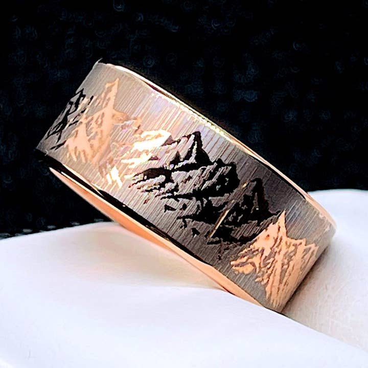 Mountains Engraved Rose Gold Tungsten Wedding Ring for wholesale by rings paradise