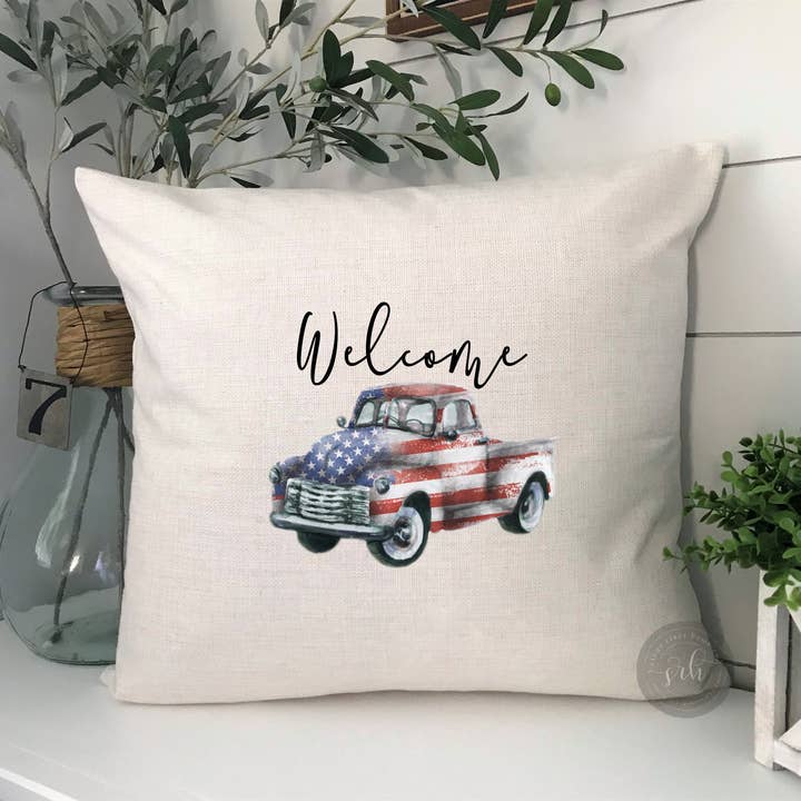 Vintage Truck American Flag Throw Pillow Cover for wholesale by Stone River Home Co