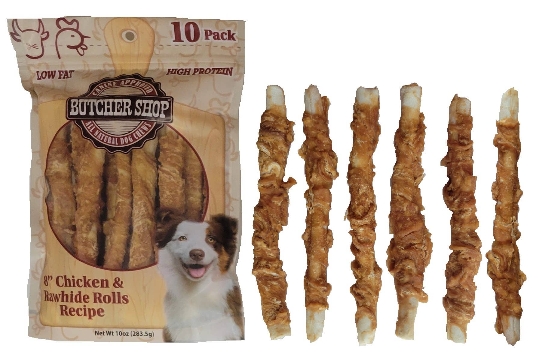 Lovin Tenders - Wholesale Pet Treats - Dog - Butcher Shop 8” Chicken & Rawhide Rolls, 10-Pk3
