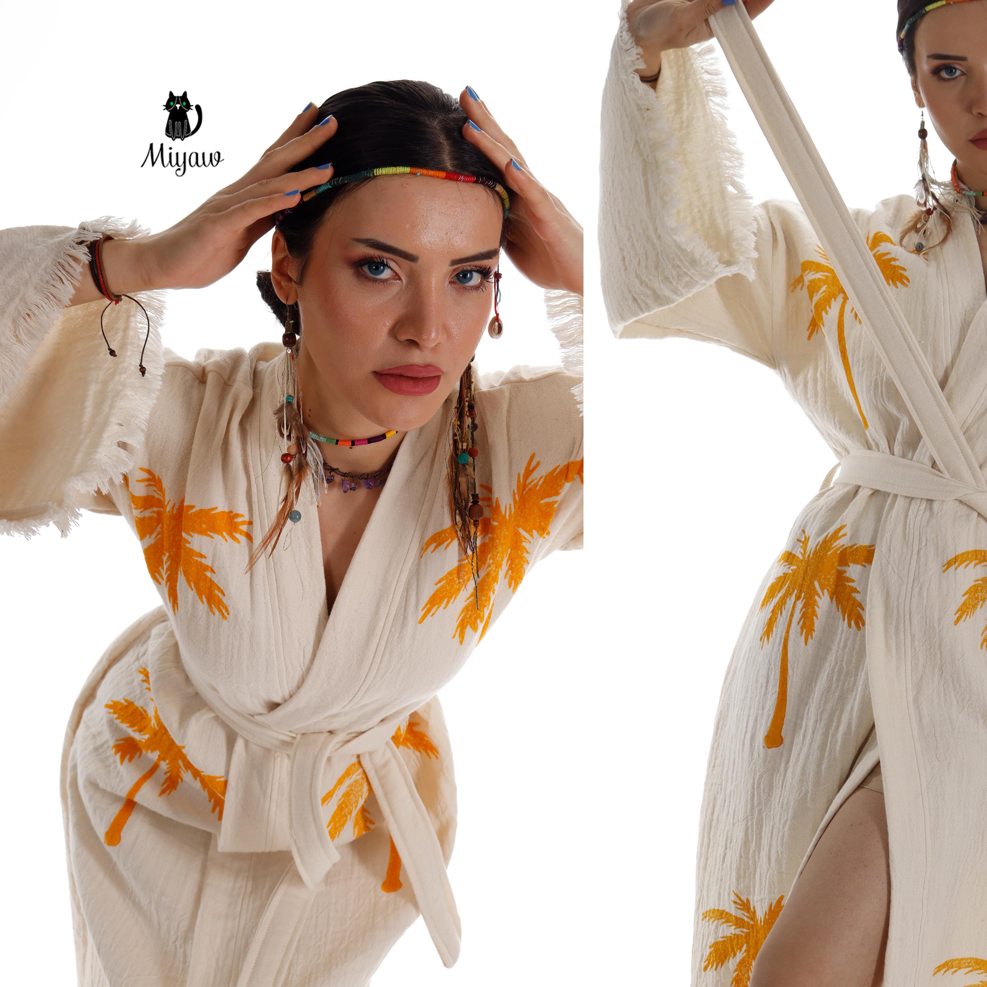 Pure & Chic, LLC - Miyawfashion - Wholesale Robe - Women's - Boho Palm Tree Stamped Organic Cotton Kimono Robe - Handcrafted Beach Coverup6