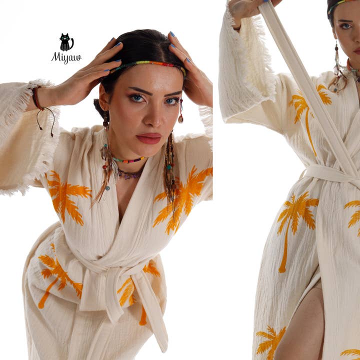 Pure & Chic, LLC - Miyawfashion - Vente Peignoir – femme - Kimono robe de plage bohème en coton biologique avec tampon palmier, fait main6