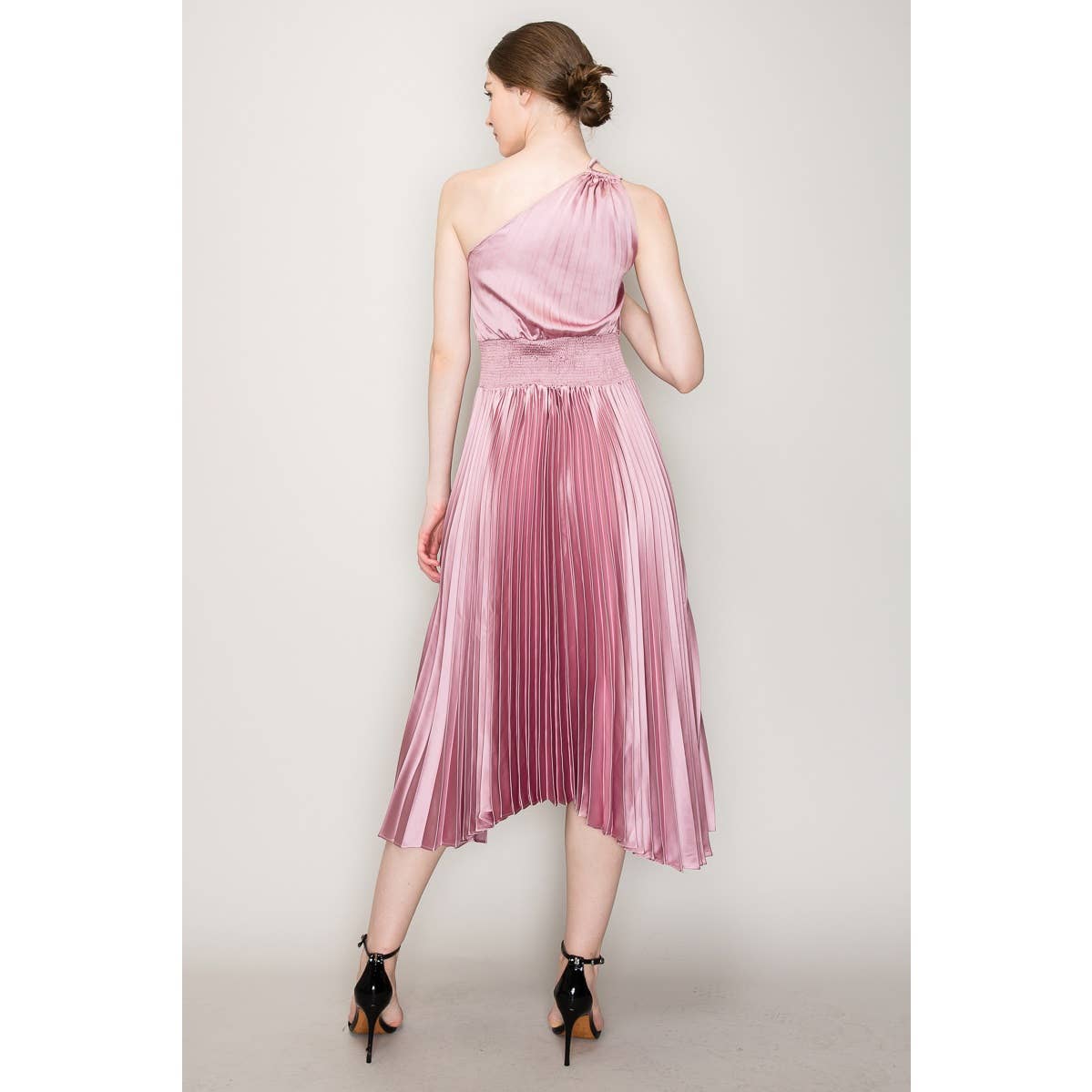 INA - Wholesale Dress - Women's - One-Shoulder Double Strap Pleated Satin Dress9