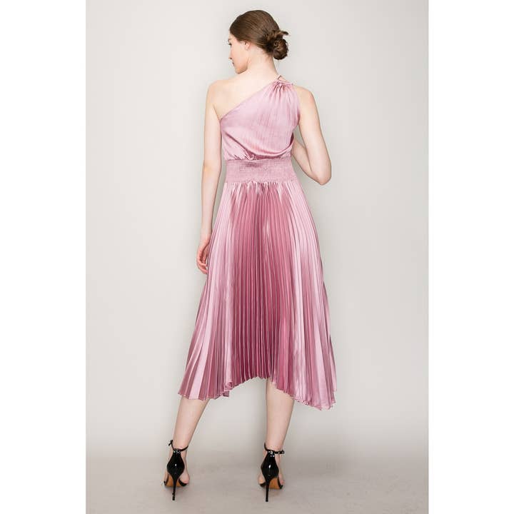INA - Wholesale Dress - Women's - One-Shoulder Double Strap Pleated Satin Dress9