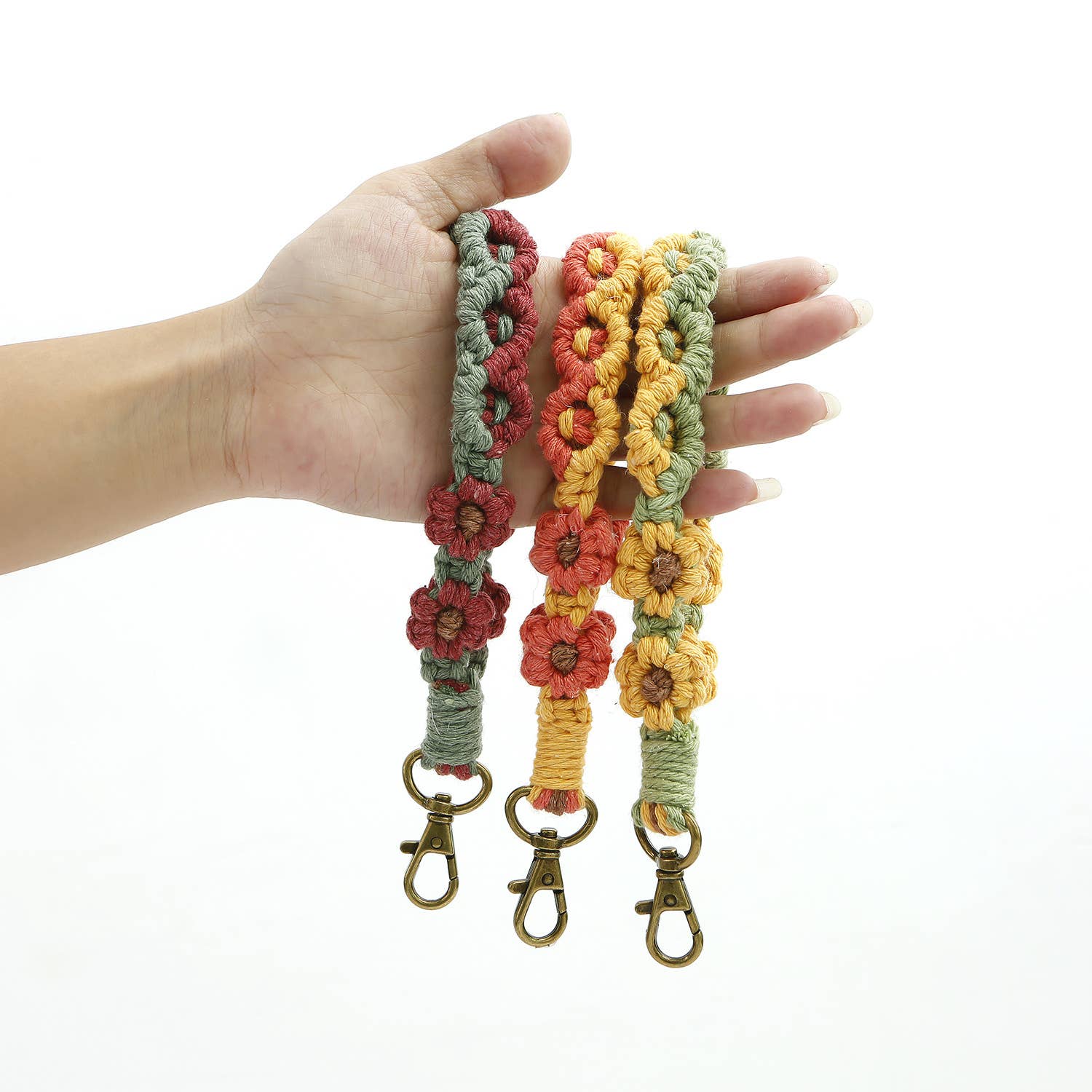 Assorted Fall Harvest Macrame Daisy Flower Wristlet Keychain for wholesale on Faire4