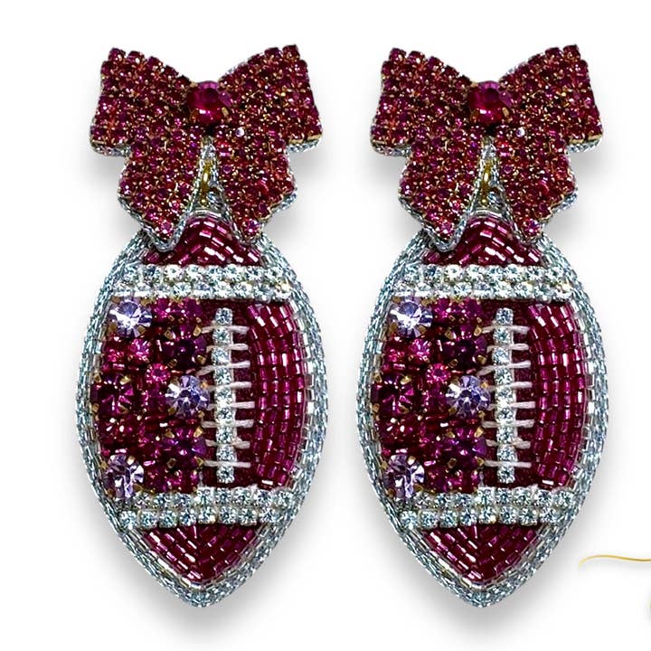 Boucles d'oreilles de football Game Day avec nœud coquette violet et strass pour la vente par Jenny Patrick Designs ™