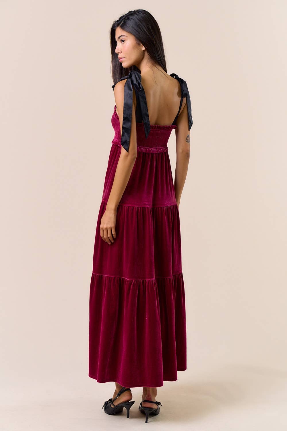 Lalavon - Wholesale Dress - Women's - ILD5094 VELVET SATIN BOW SHOULDER TIE MAXI DRESS 5