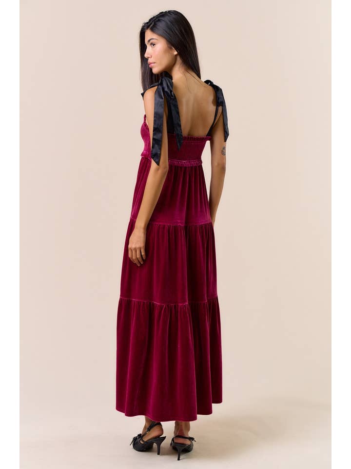 Lalavon - Wholesale Dress - Women's - ILD5094 VELVET SATIN BOW SHOULDER TIE MAXI DRESS 5