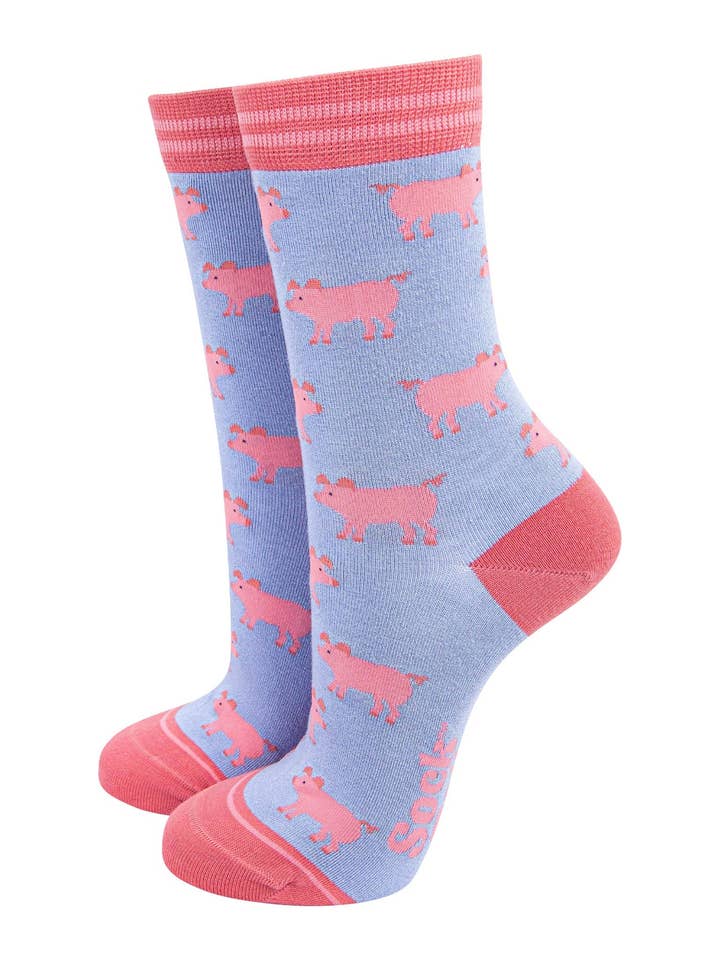 Women's Bamboo Socks - Light Blue/Light Pink, Pig for wholesale by Sock Talk