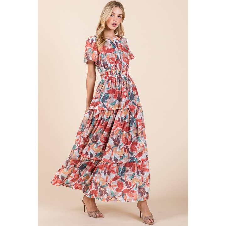 Floral Print Smocked Waist Tiered Maxi Dress for wholesale by LIME N CHILI