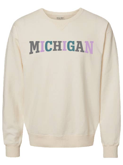 Michigan Block Font Crew (Dark Grey, Lilac and Teal) for wholesale by True North Threads