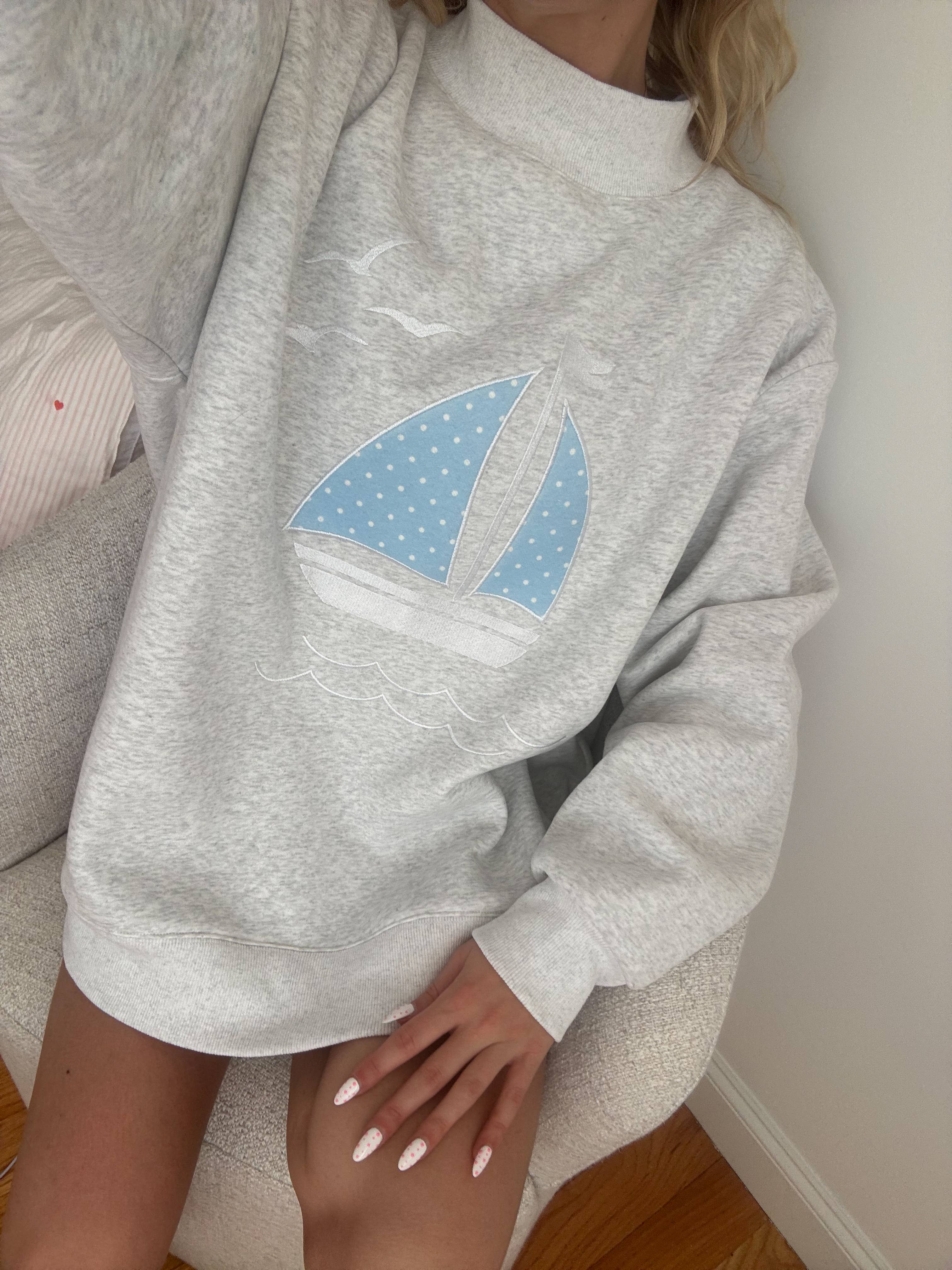 Sunkissed Coconut - Wholesale Sweatshirt - Women's - Polka Dot Sailboat Embroider Mockneck Sweatshirt4