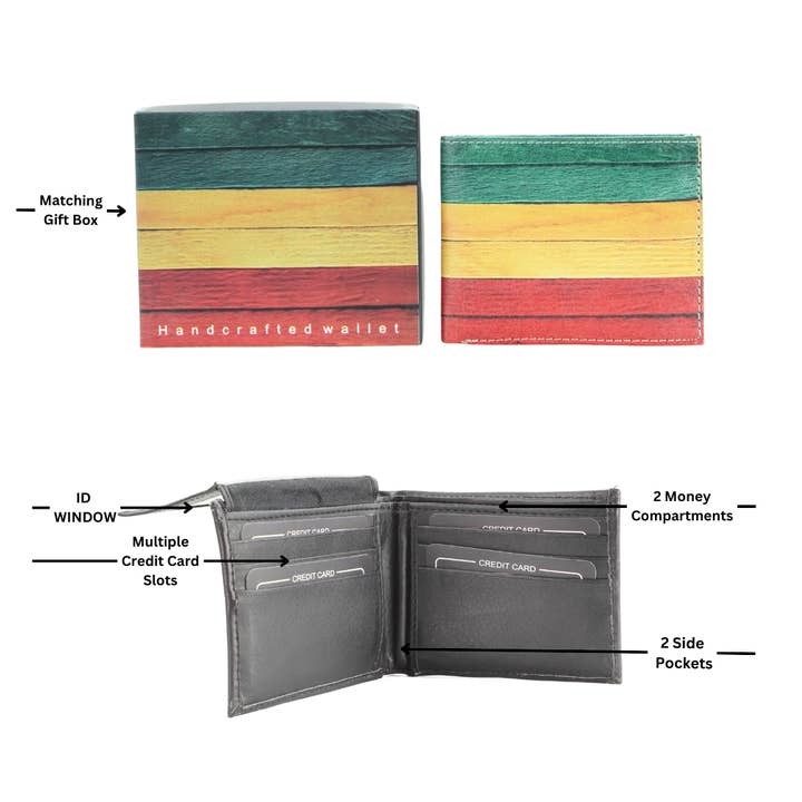 Leather Impressions Inc – Engroshandel Tegnebog – til mænd – Rasta Flag Vegansk Læder Bi Fold Wallet # VL 648