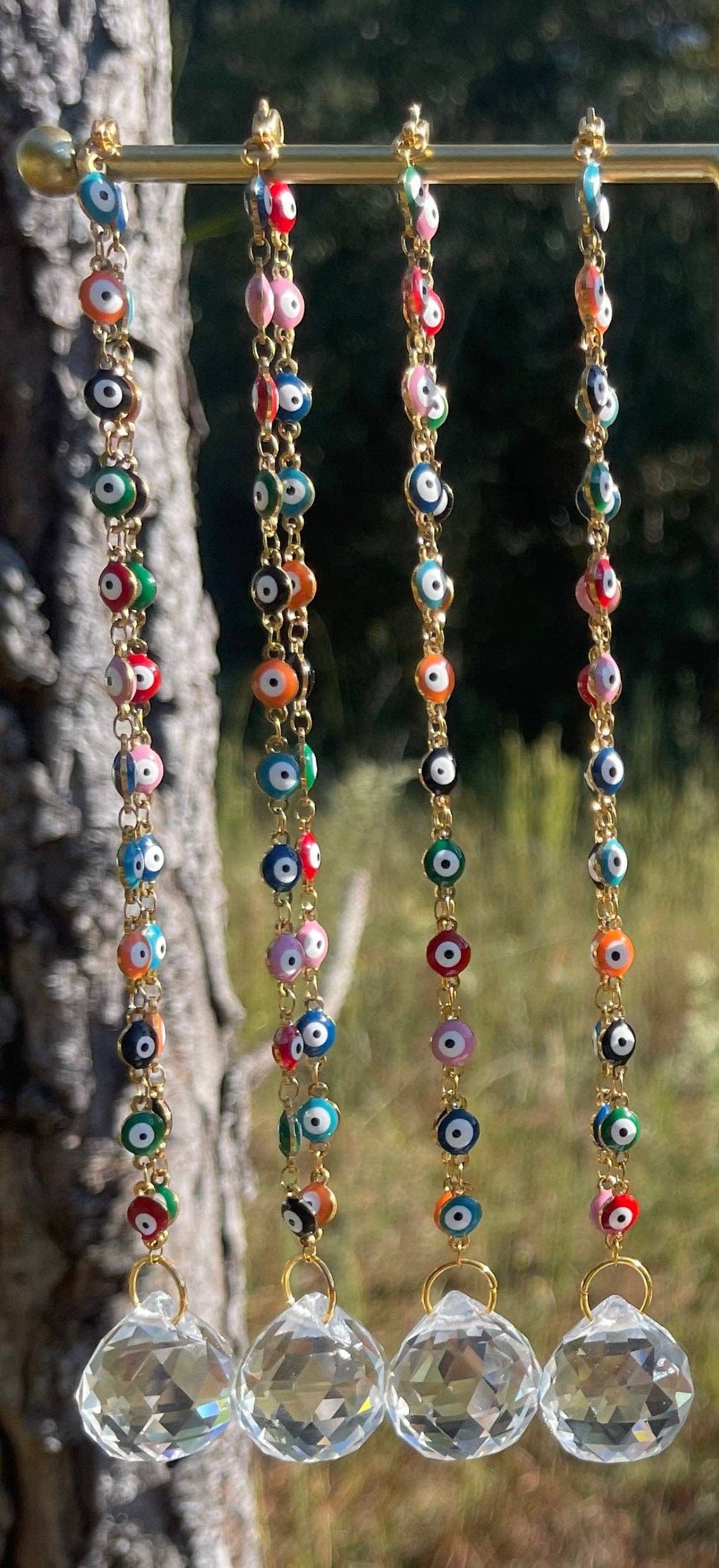 Guzel Handcrafts - Vente Attrape-soleil - Chaîne Nazar Boncuk Œil Protecteur pour Rétroviseur avec Attrape-soleil Arc-en-ciel - Chaîne Or ou Argent - Cadeau Mal de Ojo0