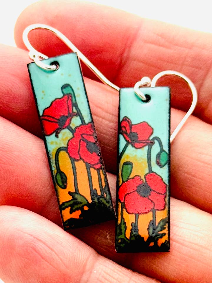 Boucles d'oreilles Poppy petit rectangle, émail vert menthe et orange pour la vente par Magpie Mouse Studios