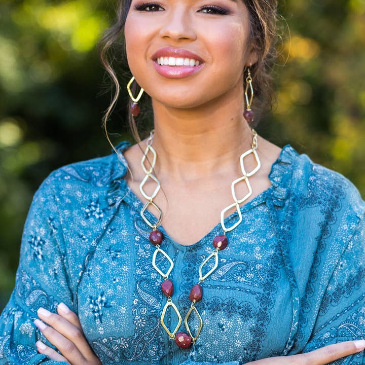 Anju Jewelry – Colar pingente/pendente por atacado – Colar longo banhado a ouro com pedras de jaspe vermelho1