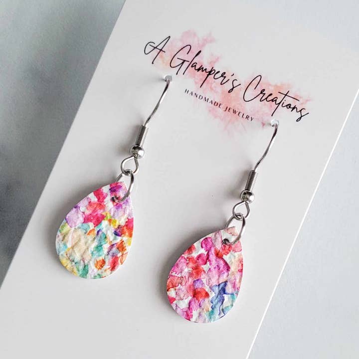Watercolor Floral MINI Teardrop Leather Earrings for wholesale by A Glamper's Creations LLC