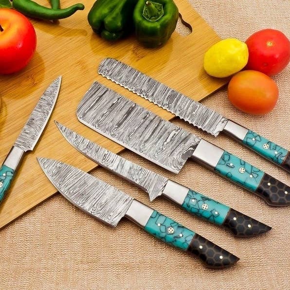 Chakublades – wholesale Presentbox – Handgjorda kockknivar i damaskusstål med läderfodral