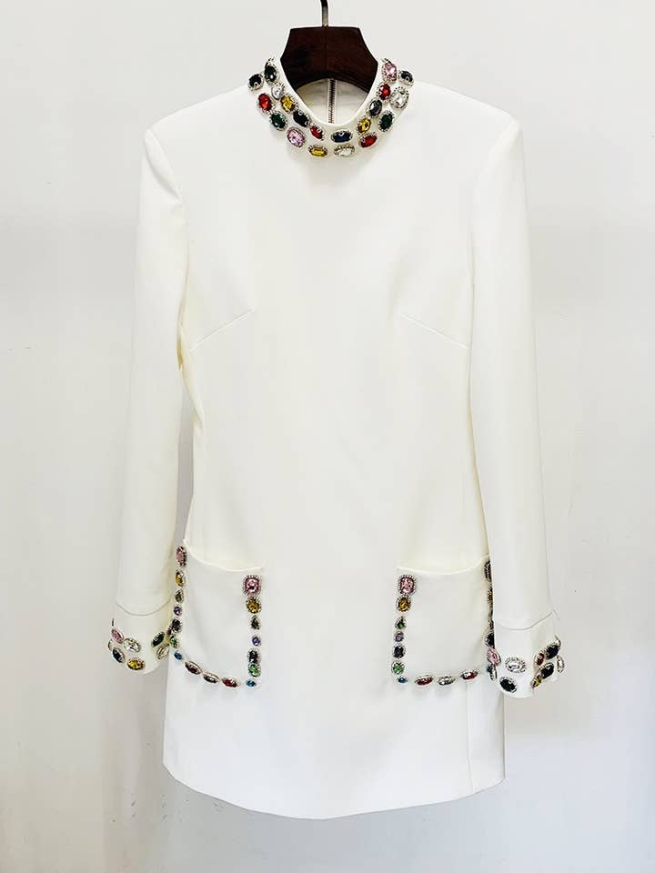 Productseeker - Wholesale Dress - Women's - DR065 Elegant Gemstone-Adorned White Dress
