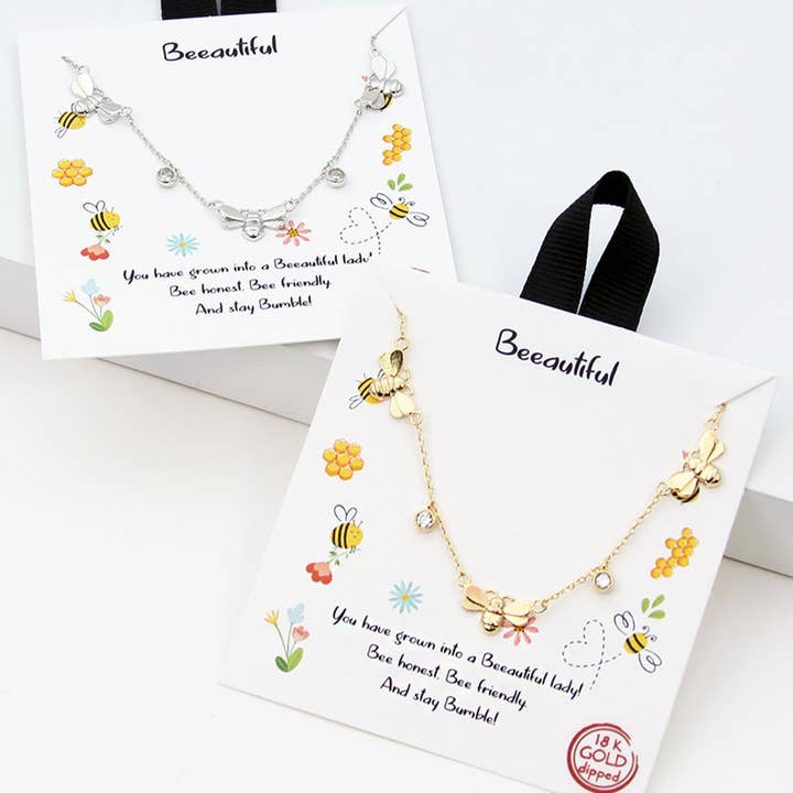 Gold-Dipped CZ and Bees Station Necklace for wholesale by Fashion City