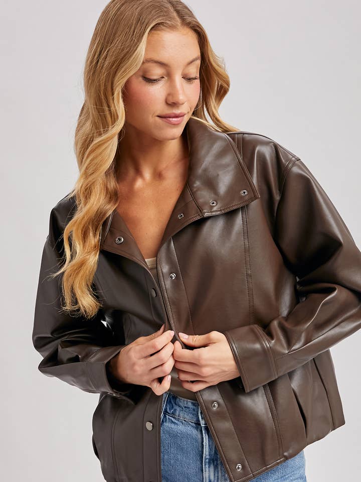 FAUX LEATHER BUTTON DOWN HIGH COLLAR BOMBER JACKET for wholesale by Bluivy