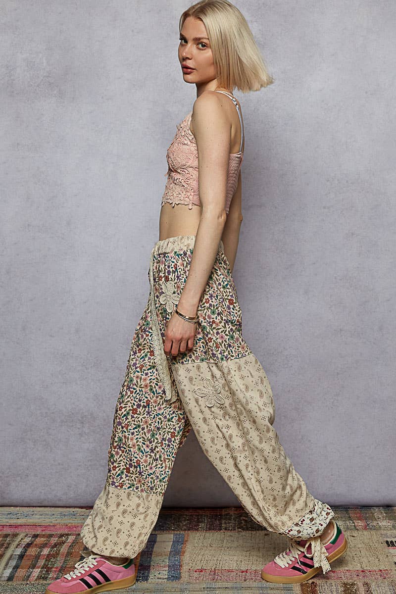 Pol Clothing - Wholesale Pants - Women's - Crochet patch detail contrast patchwork printed woven pants20