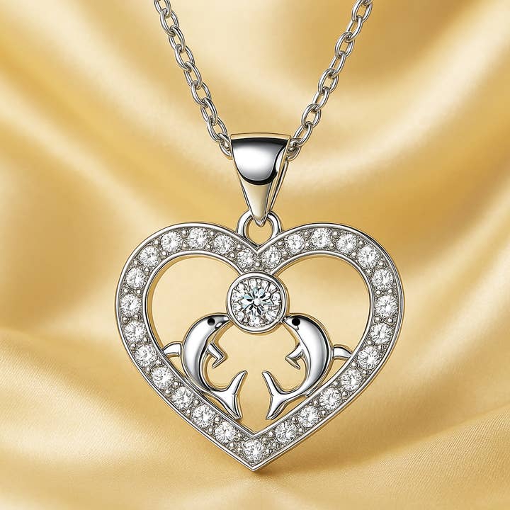 Halskette mit Delfin-Anhänger aus 14-karätigem Weißgold mit CZ-Diamant für den Großhandel von Sephla