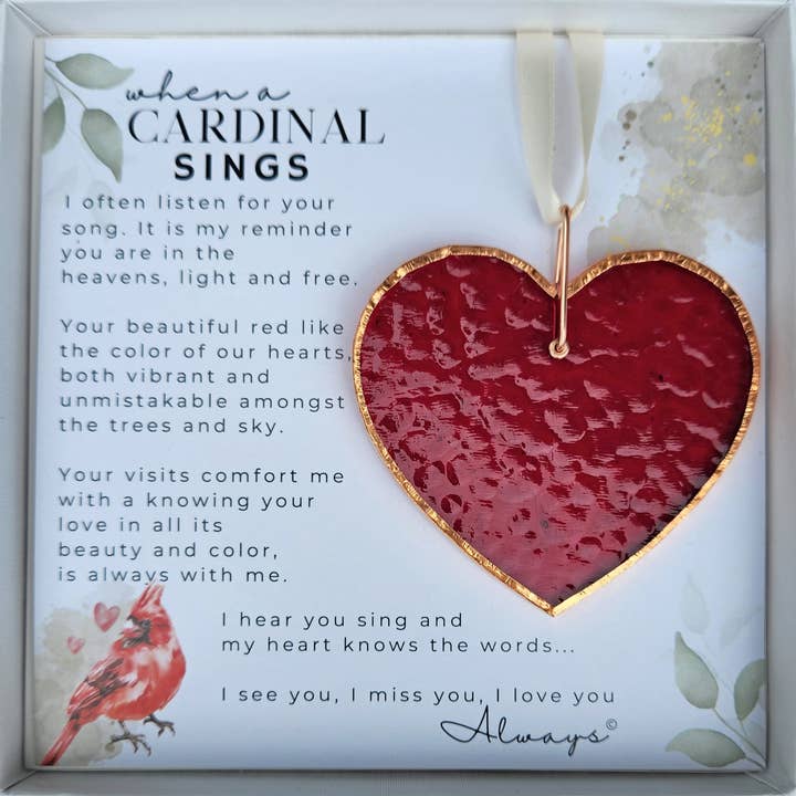 The Grandparent Gift Co. Inc. - Wholesale Ornament - When A Cardinal Sings Memorial Stained Red Glass Heart 4900