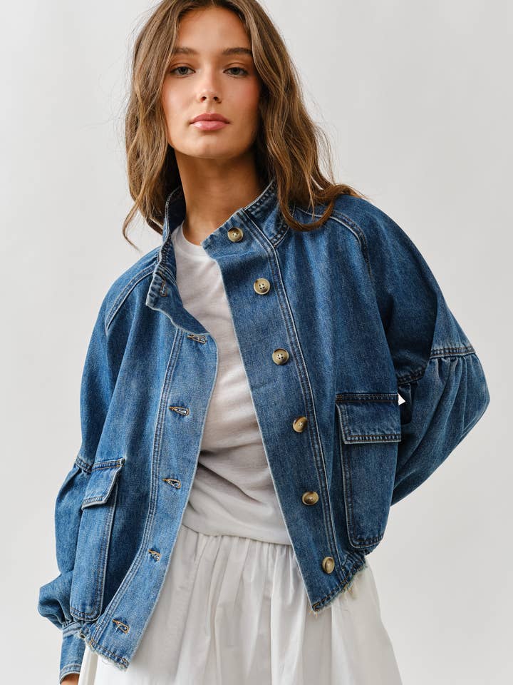 MAJ3306 BALLON SLEEVE TWILL JACKET DRAWSTING WAIST for wholesale by Aaron & Amber