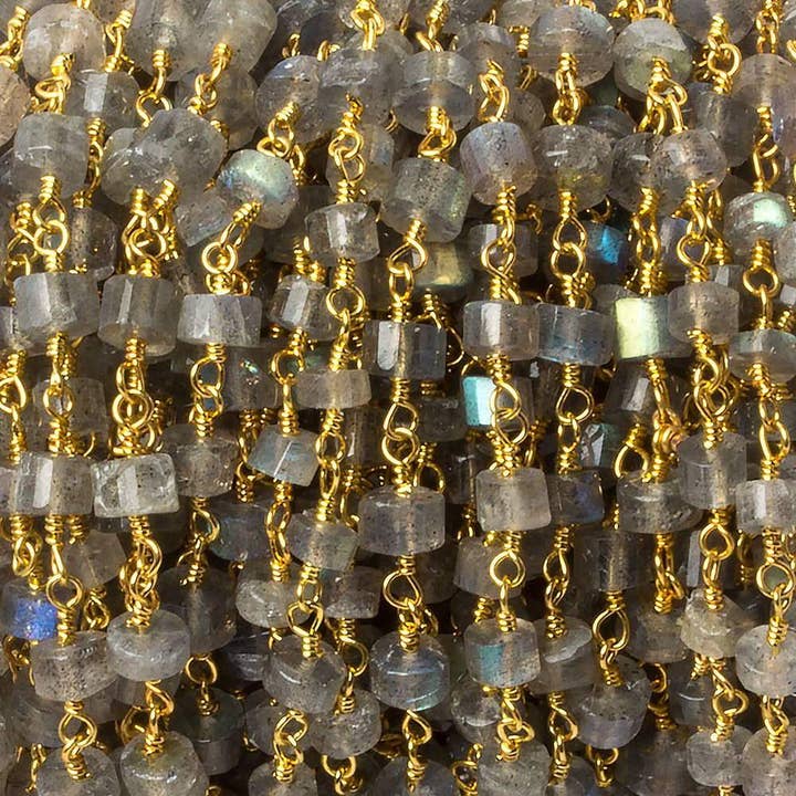 The Bead Traders – wholesale Beads – Labradorite Faceted Heshi Gold plated Chain by the foot 33 pieces