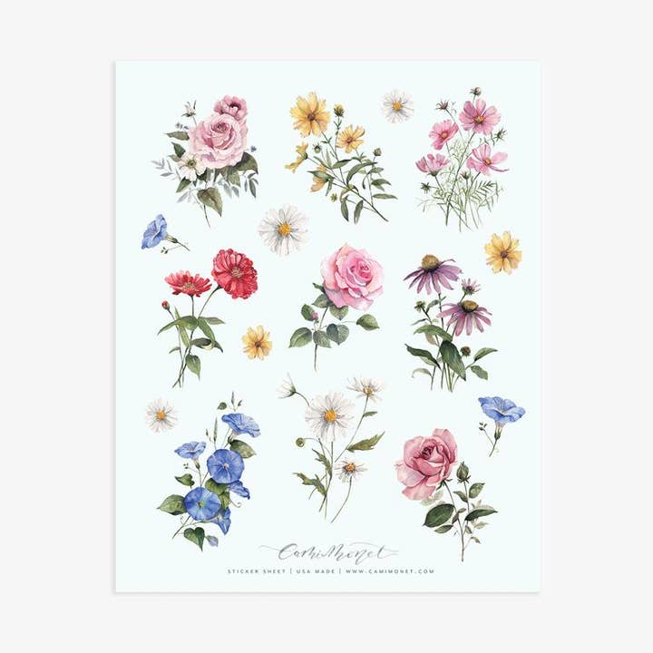 Folha de adesivos de flores silvestres por atacado de Cami Monet