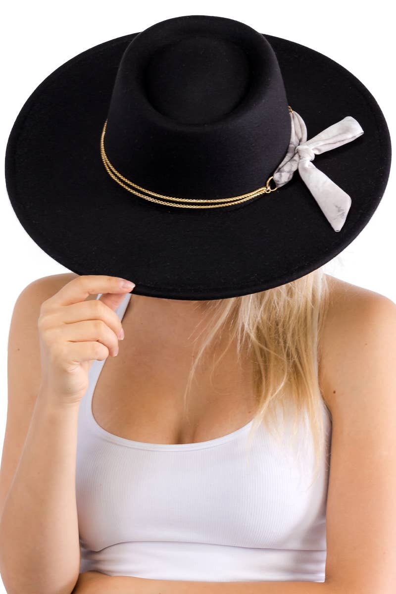 Cap Zone - Vendita all'ingrosso Fedora - Donna - Cappello rancher bolero in lana sintetica con nastro piccolo, catena oro e tesa larga10