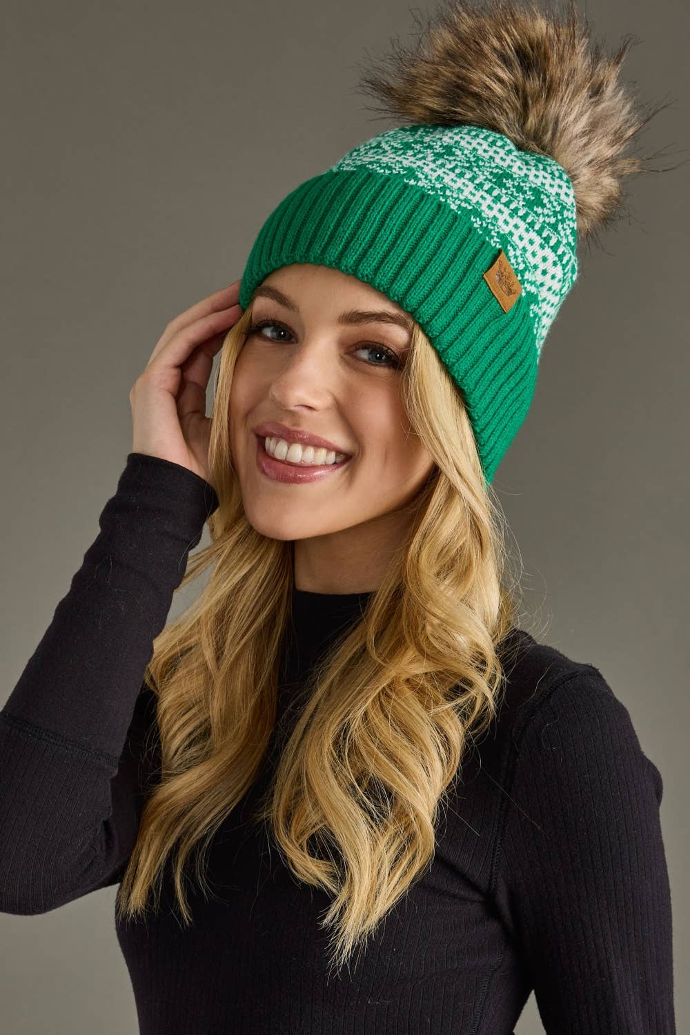 Panache Apparel Co. - Wholesale Beanie - Women's - Green & White Winter Pattern Pom Hat1