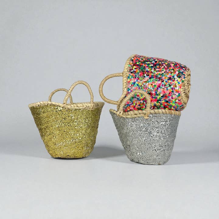 Melecraft - Wholesale Beach bag - Sparkling Mini Sequin Straw Basket - Boho Gift Tote Bag3