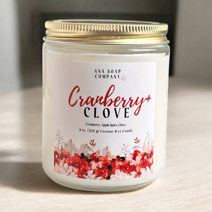 Ana Soap Company - Wholesale Jar/Filled Candle - Cranberry +Clove-8oz Clear Glass Coconut Candle
