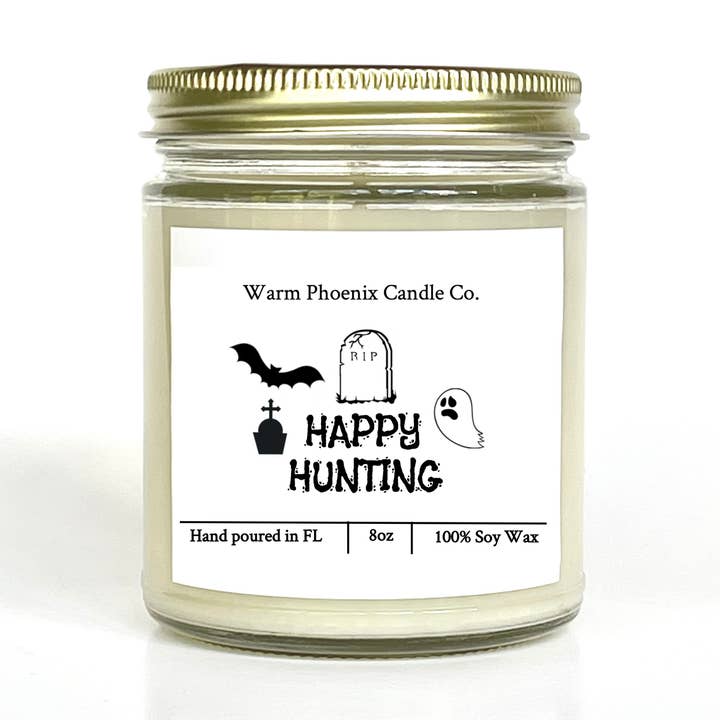 Happy Hunting Halloween Candle, Custom Company Name Label for wholesale by Warm Phoenix Candle Co.