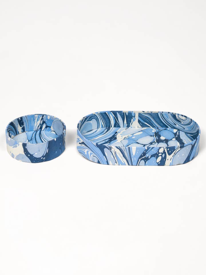 Nesting Hand-Marbled Oval Desk Tray Set in Ocean Wave for wholesale by Inner Child
