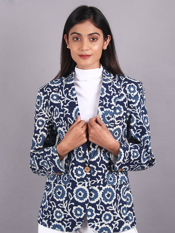 Blazer en coton bleu indigo (8) pour la vente par INDOPHILIA