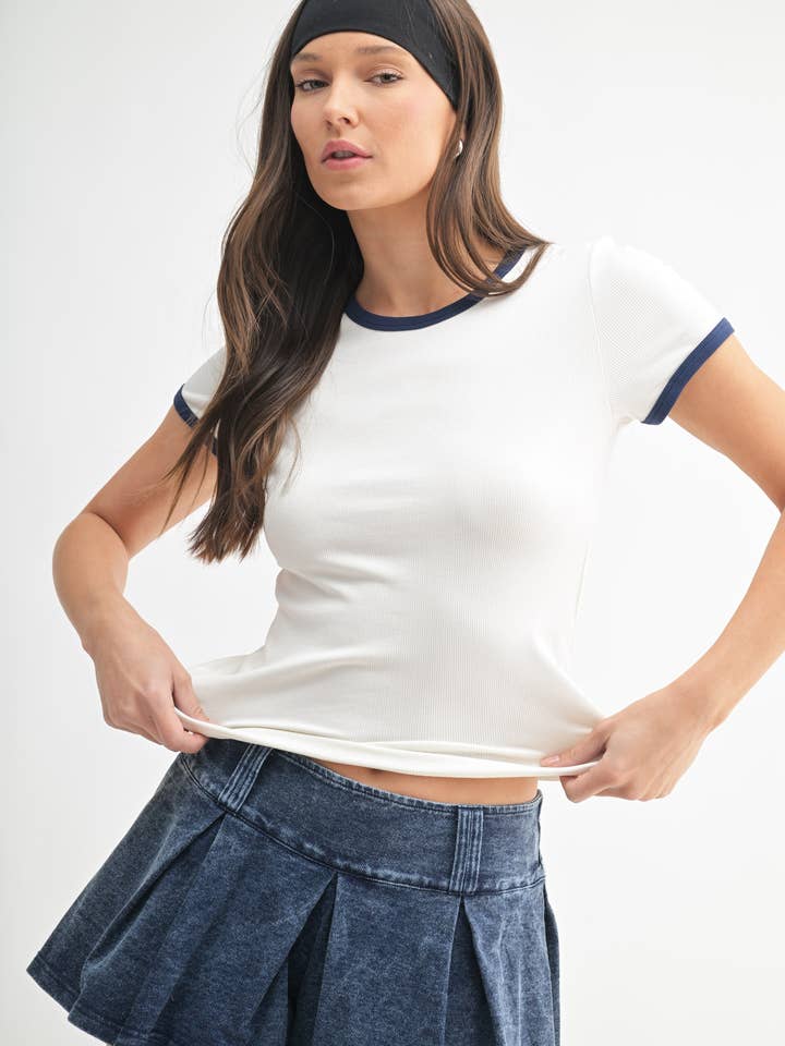 Mono B - Wholesale T-Shirt - Women's - Micro-Ribbed Contrast Trim Fitted Baby Tee