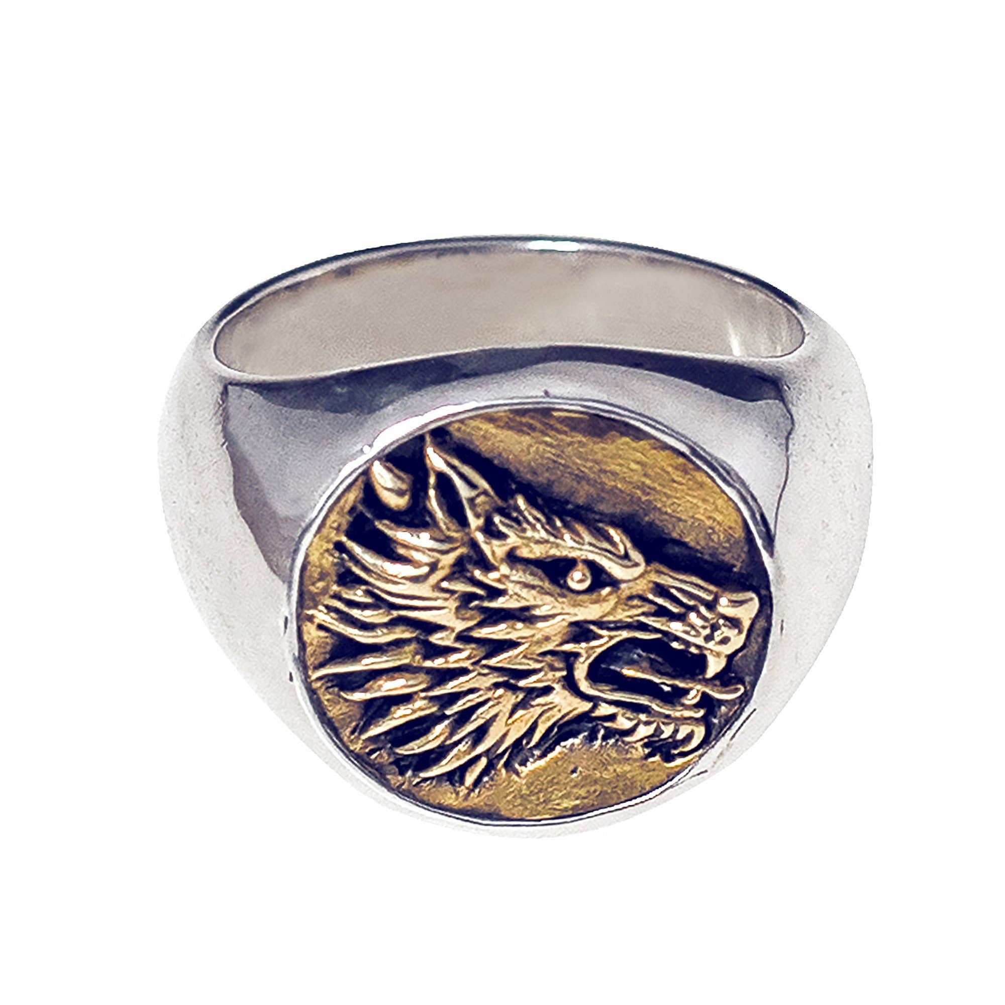 JewelryLab - Wholesale Signet Ring - Wolf Ring - 925 Sterling Silver with brass Emblem
