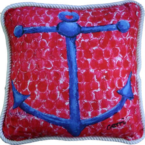 My Island LLC - Wholesale Throw/Decorative Pillow - Blue Anchor Pillow w/insert, 20 x 20 hidden zipper on back