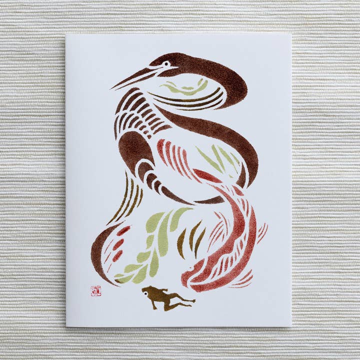 A2 Card Egret & Koi, Non-native plant pigments series for wholesale by Mayuko Fujino Bird & Nature Art