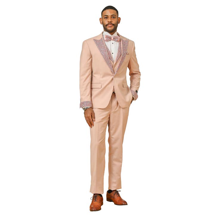 Men's Skinny 3pc Tuxedo w Stone-Studded Peak Lapel, Blush for wholesale by Suits America
