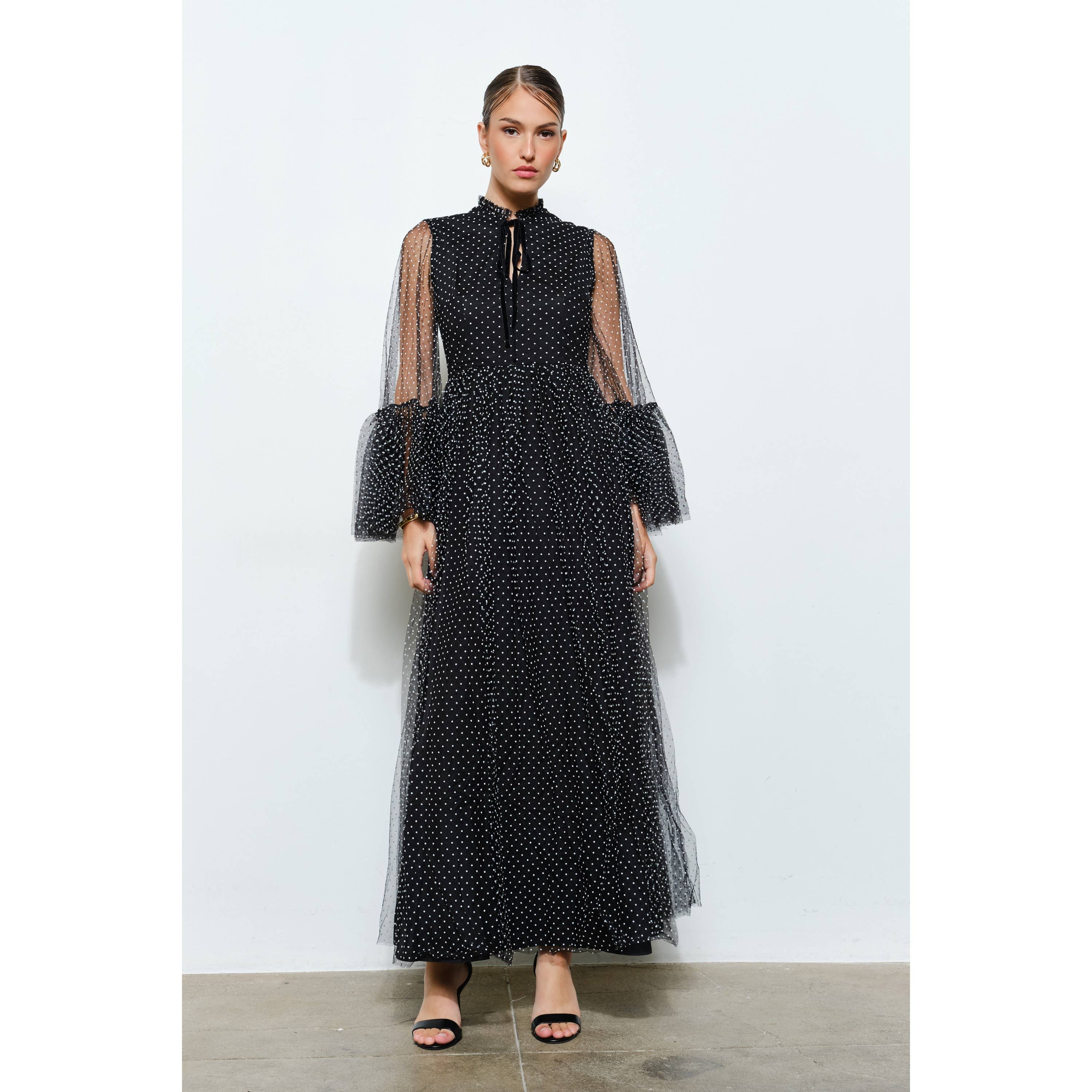 BLACK Polka Dot Mesh Layered Sleeve Maxi Dress for wholesale on Faire1