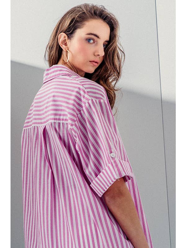 Pink BUTTON DOWN HIGH LOW STRIPE SHIRT for wholesale on Faire1