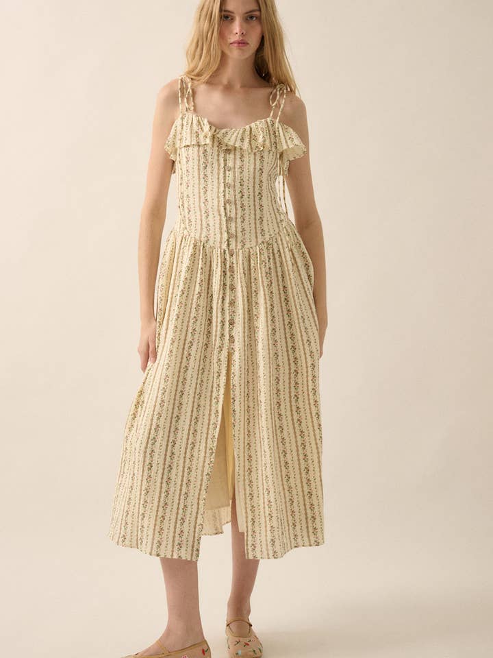 Floral Crinkle Cotton Ruffled Buttoned Midi Dress for wholesale by Promesa USA